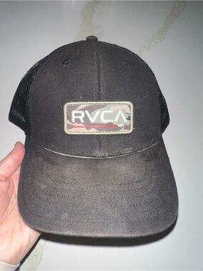 RVCA Black Trucker Hat with Camo Logo Patch